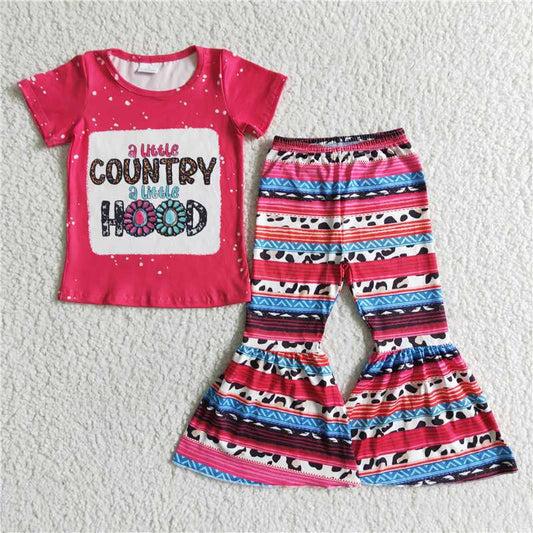 GSPO0001 Country Hood pink short-sleeved striped flared pants suit