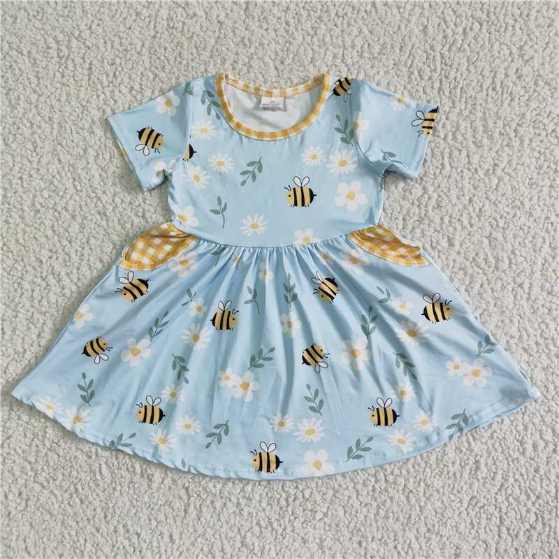 GSD0021 Blue bee floral pocket short-sleeved dress