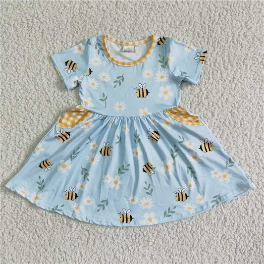 GSD0021 Blue bee floral pocket short-sleeved dress