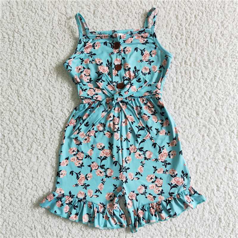 SR0002  Baby girls blue floral summer strap Jumpsuits