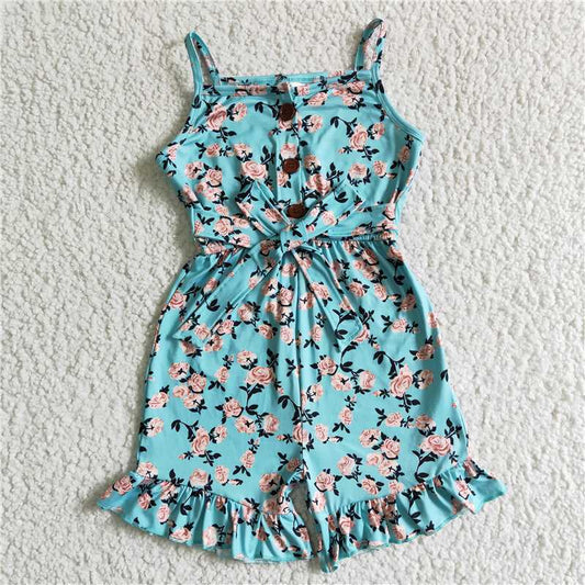 SR0002  Baby girls blue floral summer strap Jumpsuits