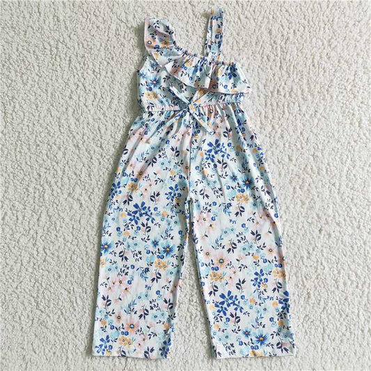 SR0007  Baby girls blue floral one shoulder long pants jumpsuits