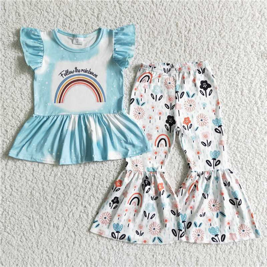 GSPO0063 Girls blue rainbow flying sleeves floral trouser suit
