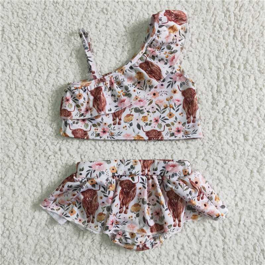S0017 Baby Girls summer highland cow strap 2pcs swimsuits