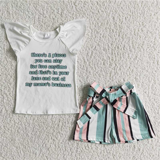 Baby girls words design flutter sleeve top belt stripe summer shorts sets