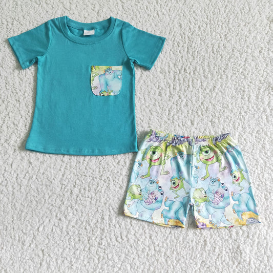 BSSO0021 baby boys pocket design aqua cartoon summer shorts sets