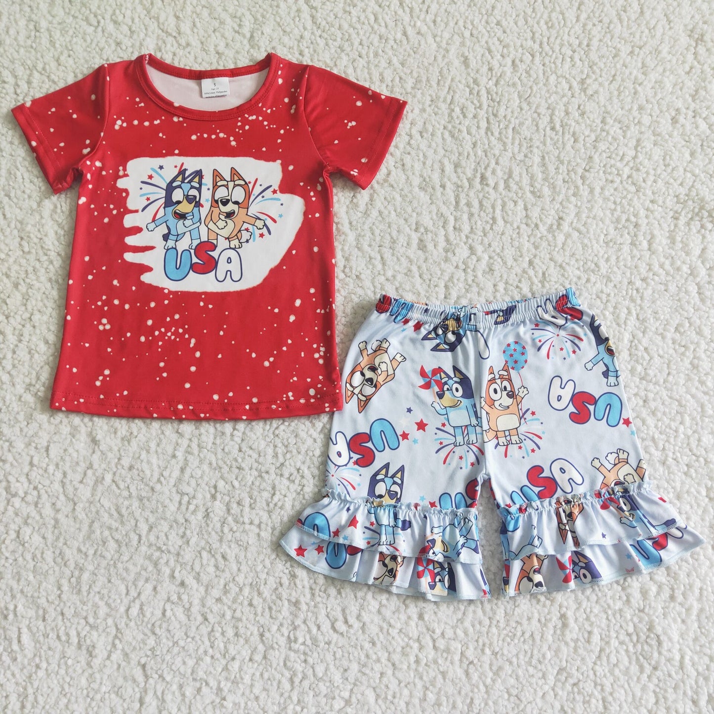GSSO0053 4th of July Girls Red USA blue short-sleeved white shorts suit
