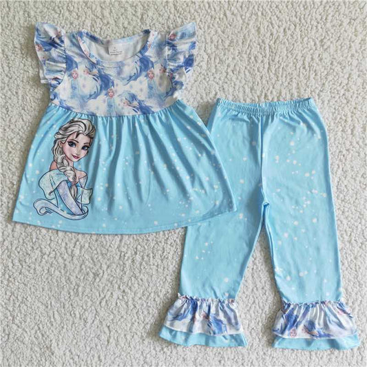 GSPO0056 Girls' Frozen Elsa blue flying sleeve trousers suit