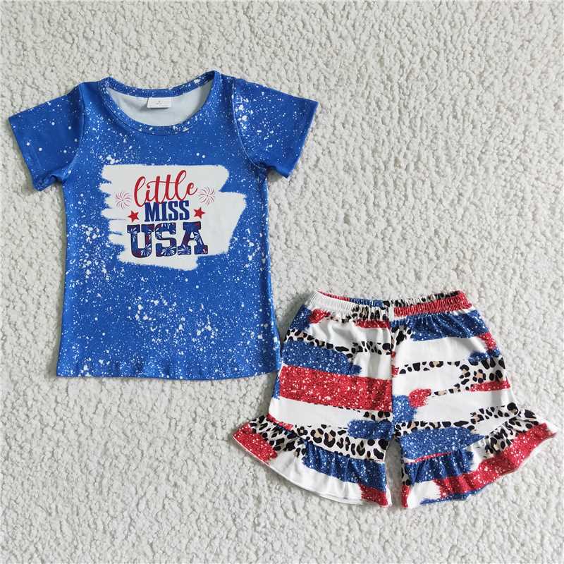 NC0005 4th of July Girls Little miss USA National Day Short Sleeve Leopard Print Shorts Set