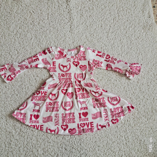 9.24 RTS NO MOQ（In stock）G2-20-9*- Baby Girls Winter Dress Valentine's Day Pink Letter Heart Long Sleeve Dress