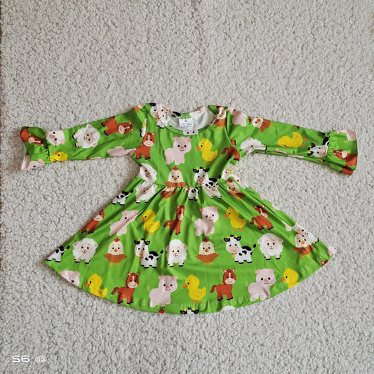 10.10 RTS NO MOQ（In stock）G2-20-9*..; Baby Girls Winter Dress Green long-sleeved dress with colorful animals