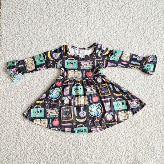 10.10 RTS NO MOQ（In stock）G2-24-1*;.' Baby Girls Winter Dress Black long-sleeved dress with book alarm clock