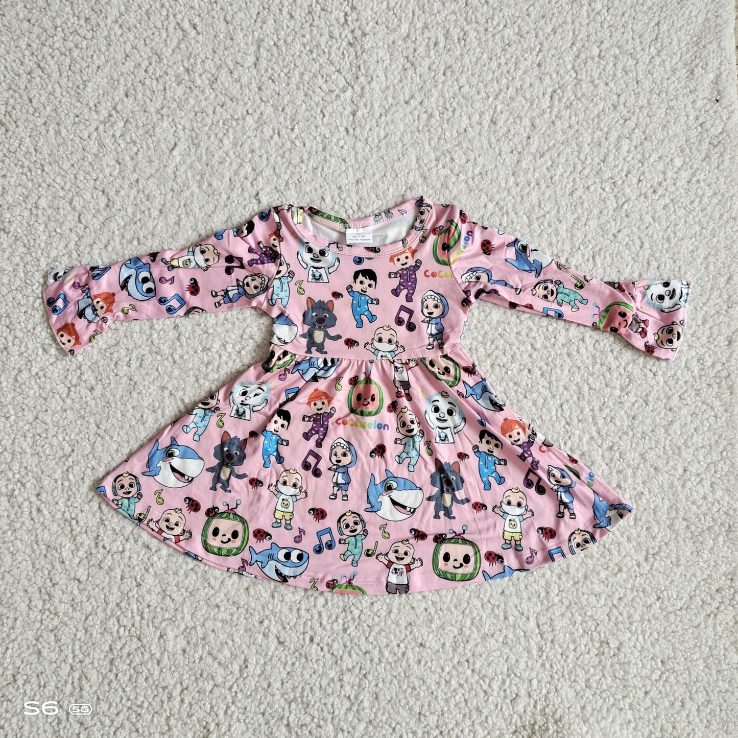 9.29 RTS NO MOQ（In stock）G2-24-1.;/ Baby Girls Winter Dress Kids Wolf Light Pink Long Sleeve Dress