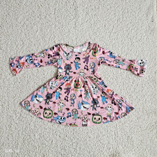 9.29 RTS NO MOQ（In stock）G2-24-1.;/ Baby Girls Winter Dress Kids Wolf Light Pink Long Sleeve Dress