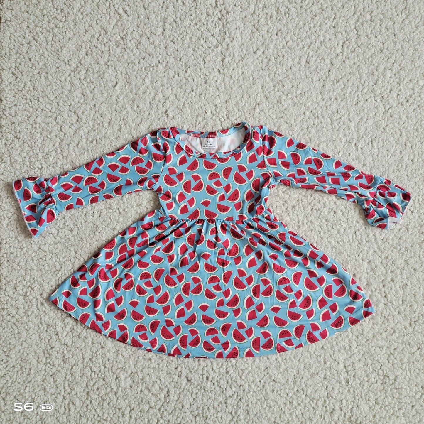 9.29 RTS NO MOQ（In stock）G2-24-4*'; Baby Girls Winter Dress Watermelon blue long-sleeved dress