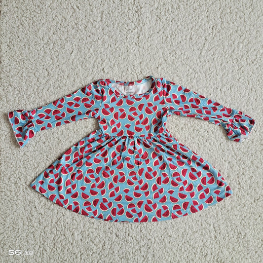 9.29 RTS NO MOQ（In stock）G2-24-4*'; Baby Girls Winter Dress Watermelon blue long-sleeved dress