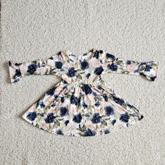 9.29 RTS NO MOQ（In stock）G2-24-4;; Baby Girls Winter Dress Blue and white rose leaf long-sleeved dress