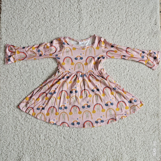 10.10 RTS NO MOQ（In stock）G2-24-4*\ Baby Girls Winter Dress Rainbow Cloud Light Pink Long Sleeve Dress