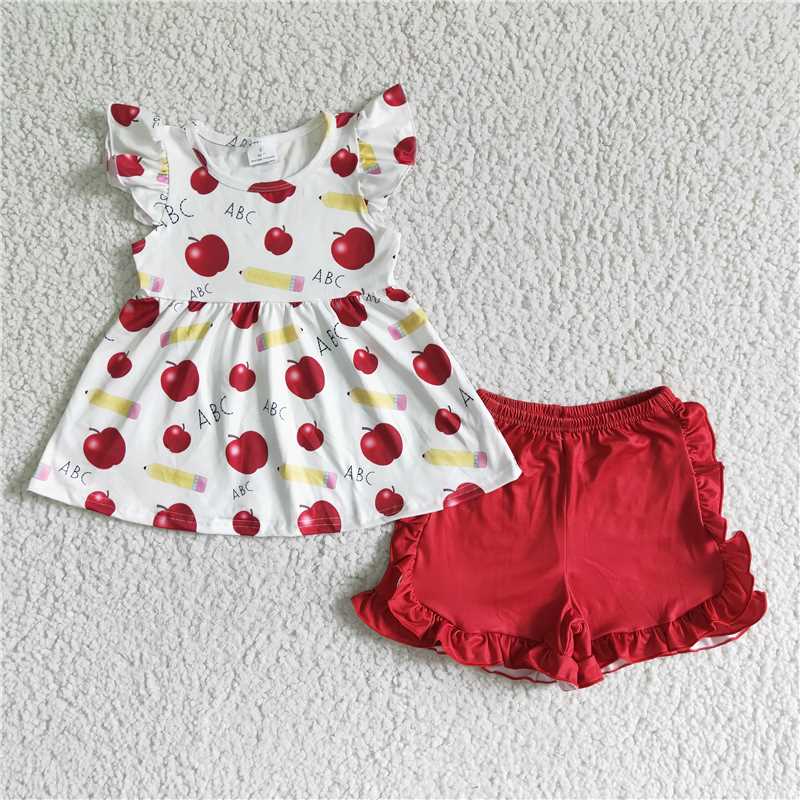 12.29 RTS NO MOQ （In stock）GSSO0121 Baby girls apple back to school shorts sets