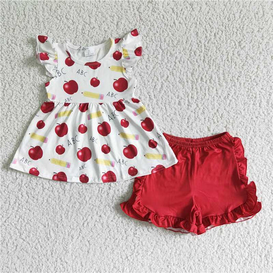 12.29 RTS NO MOQ （In stock）GSSO0121 Baby girls apple back to school shorts sets