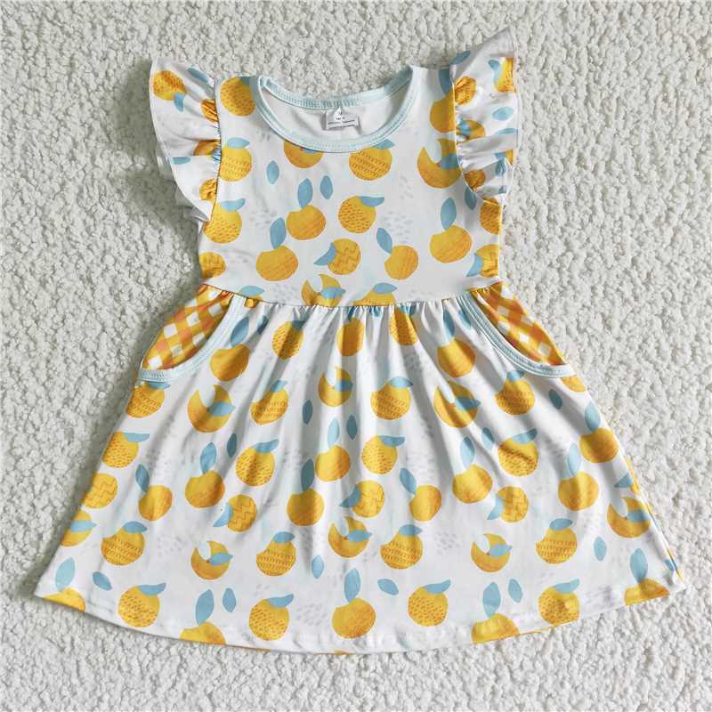 GSD0074 Girls flying sleeves orange fruit mesh pocket skirt