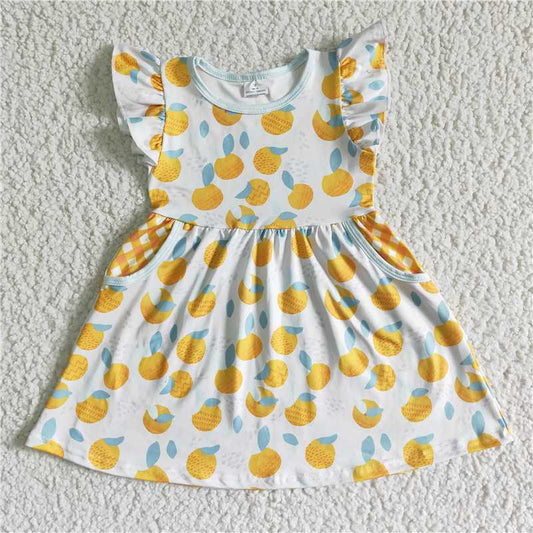 GSD0074 Girls flying sleeves orange fruit mesh pocket skirt