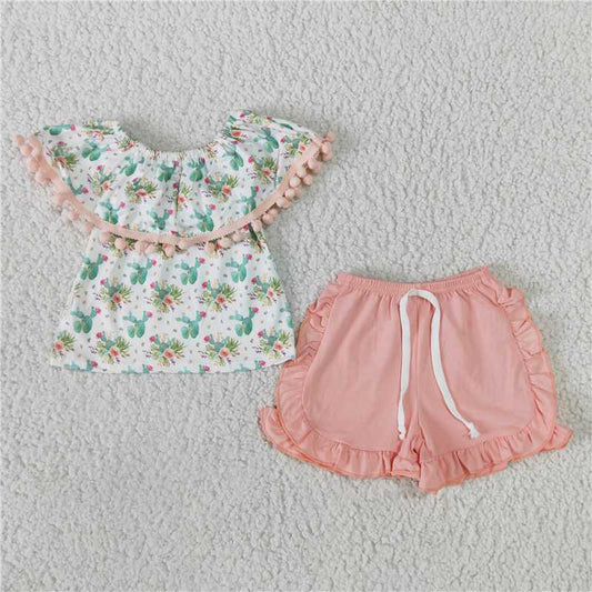 Baby girls pink cactus ruffle shorts summer sets