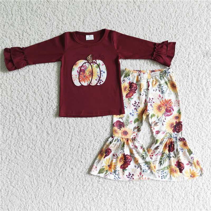 GLP0016Maroon pumpkin embroidery bell bottom pants girls fall outfits