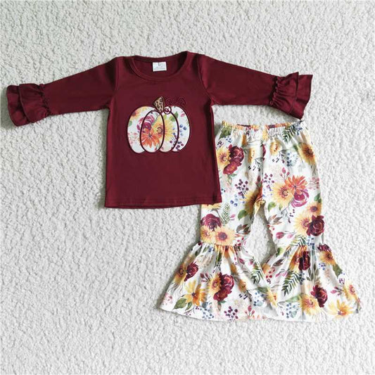 GLP0016Maroon pumpkin embroidery bell bottom pants girls fall outfits