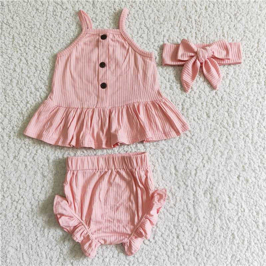 GBO0057 Baby girls cotton pink ribbed bummie sets(can choose headband here)