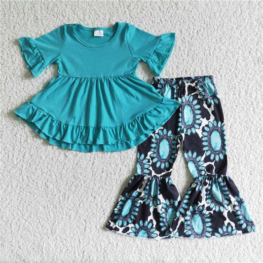 GSPO0116 Girls' blue gemstone lace short-sleeved trousers suit