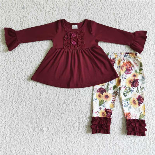 GLP0015Maroon cotton tunic floral leggings girls fall outfits