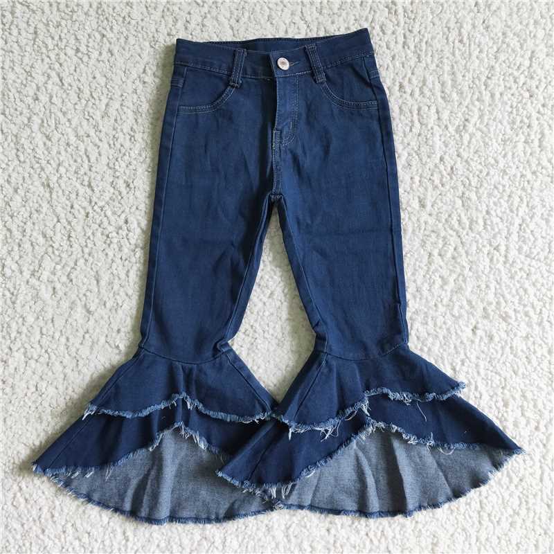 P0007 Baby girls navy double ruffle bell pants denim jeans