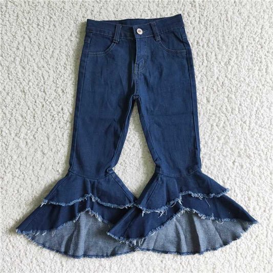 P0007 Baby girls navy double ruffle bell pants denim jeans