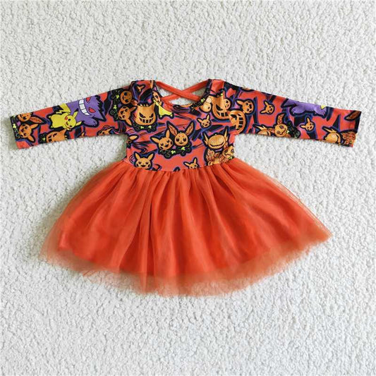 GLD0010   Baby girls Halloween pumpkin tutu long sleeve dresses