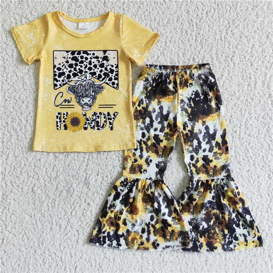 GSPO0081 HOWDY Alpine Cow Sunflower Short Sleeve Long Pants Set