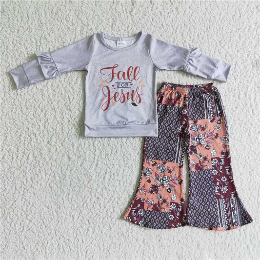 GSPO0126Fall for jesus shirt patchwork pants girls clothing set
