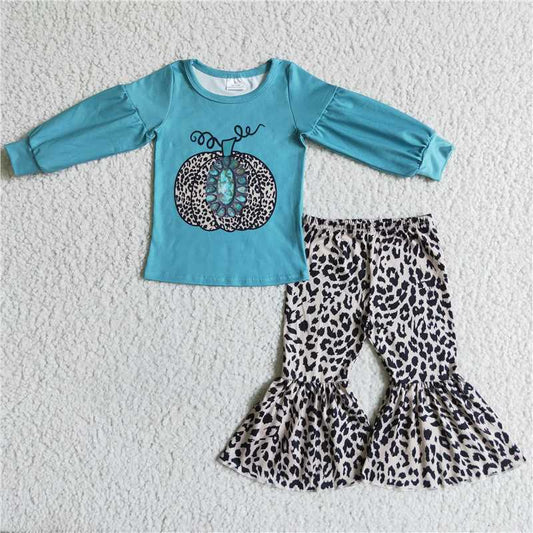 GLP0070Turquoise pumpkin leopard bell bottom pants girls fall set