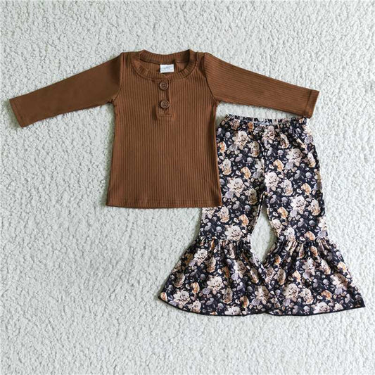 GLP0079Ribbed cotton shirt floral pants girls fall winter clothes