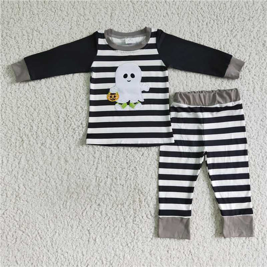 BLP0018Ghost pumpkin basket embroidery stripe boy Halloween pajamas