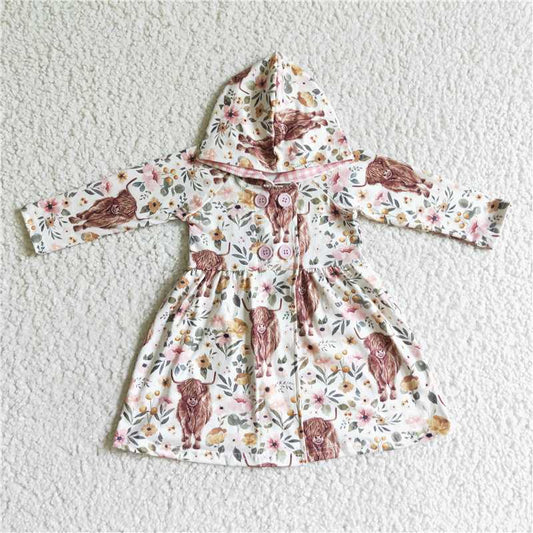 GLD0082  Baby girls hooded western cow floral long sleeve dresses