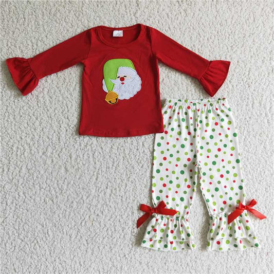GLP0099 Girls' embroidered Santa Claus red long-sleeved trousers suit