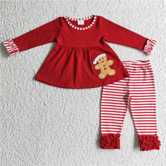 GLP0296 Girls Embroidered Christmas Gingerbread Man Red Long Sleeve Pants Set