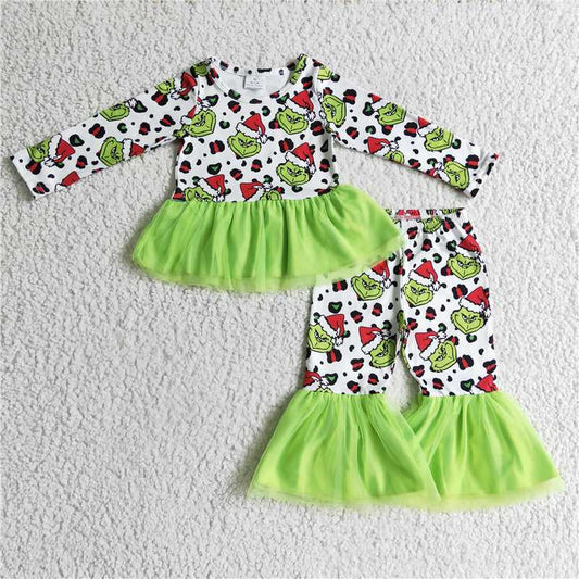 GLP0301 Girls grinch green mesh long-sleeved trousers suit