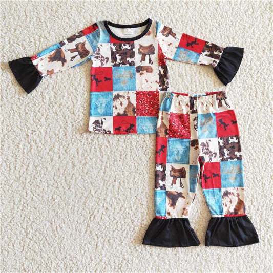 GLP0339Paisley horse cow patchwork kids girls western pajamas