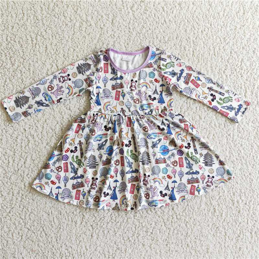 GLD0160 Baby Girls Cartoon Twirl Knee Length Dresses
