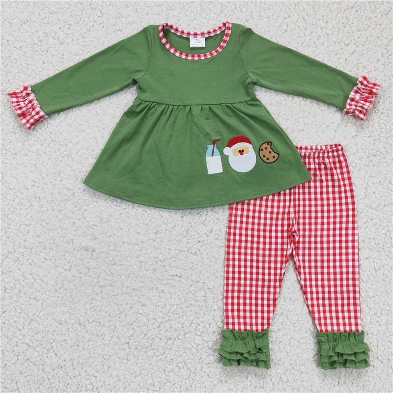 USA Shop (in stock)GLP0356 Girls Embroidered Santa Claus Cookie Milk Green Long Sleeve Pants Set