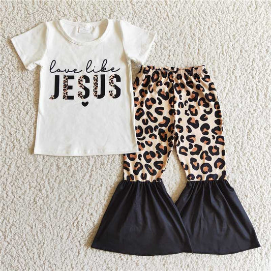 GSPO0243 Girls' JESUS leopard print short-sleeved trousers suit