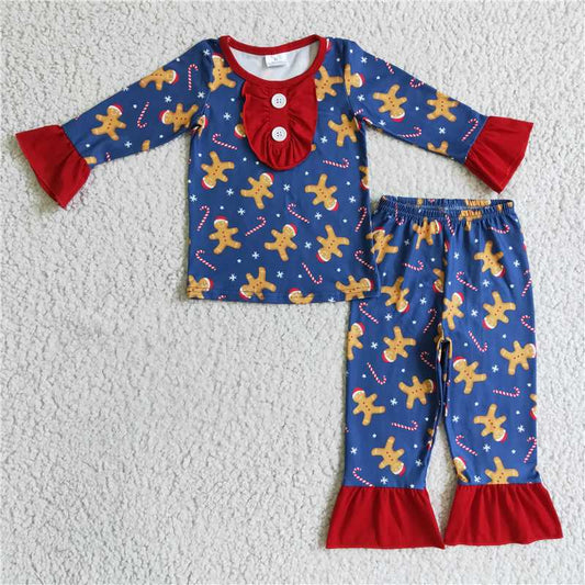 GLP0331 Girls Christmas gingerbread man navy blue long-sleeved trousers suit