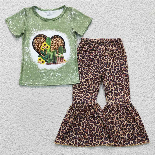 GSPO0323 Girls' heart leopard print cactus green short-sleeved trousers suit